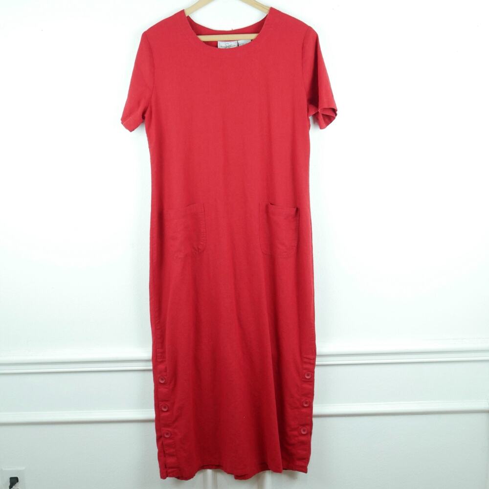 Vintage Size 10 Dress Linen Blend Red Midi Modest Minimal Beachy Preppy 90s